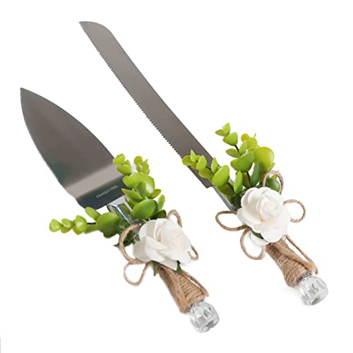 Joy Ceremony Wedding Cake Knife and Server Set, Rustic Cake Cutting and Serving Set - Bridal Cutter Set with Eucalyptus Leaves (White - 2'' Rose)