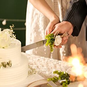 Joy Ceremony Wedding Cake Knife and Server Set, Rustic Cake Cutting and Serving Set - Bridal Cutter Set with Eucalyptus Leaves (White - 2'' Rose)