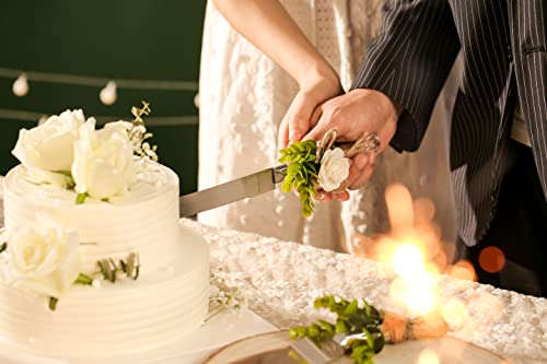 Joy Ceremony Wedding Cake Knife and Server Set, Rustic Cake Cutting and Serving Set - Bridal Cutter Set with Eucalyptus Leaves (White - 2'' Rose)