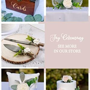 Joy Ceremony Wedding Cake Knife and Server Set, Rustic Cake Cutting and Serving Set - Bridal Cutter Set with Eucalyptus Leaves (White - 2'' Rose)