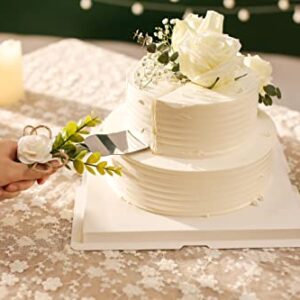 Joy Ceremony Wedding Cake Knife and Server Set, Rustic Cake Cutting and Serving Set - Bridal Cutter Set with Eucalyptus Leaves (White - 2'' Rose)