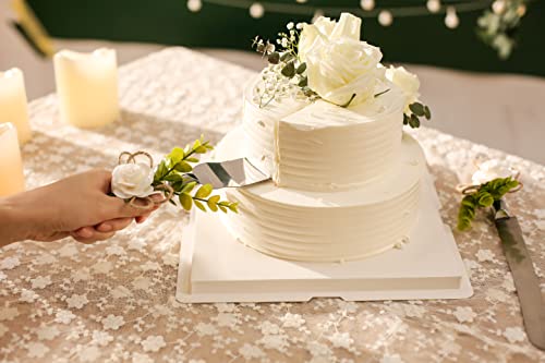 Joy Ceremony Wedding Cake Knife and Server Set, Rustic Cake Cutting and Serving Set - Bridal Cutter Set with Eucalyptus Leaves (White - 2'' Rose)