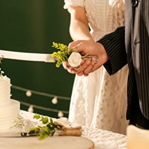 Joy Ceremony Wedding Cake Knife and Server Set, Rustic Cake Cutting and Serving Set - Bridal Cutter Set with Eucalyptus Leaves (White - 2'' Rose)