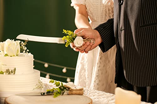 Joy Ceremony Wedding Cake Knife and Server Set, Rustic Cake Cutting and Serving Set - Bridal Cutter Set with Eucalyptus Leaves (White - 2'' Rose)