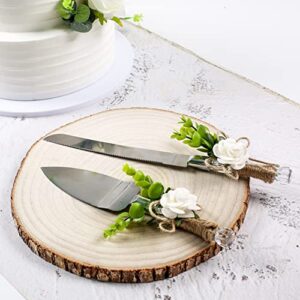 Joy Ceremony Wedding Cake Knife and Server Set, Rustic Cake Cutting and Serving Set - Bridal Cutter Set with Eucalyptus Leaves (White - 2'' Rose)