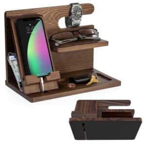 wiredmonkey fathers day nightstand organizer wood - durable phone docking station with non-slip base - classy solid wood gifts for men - hand crafted premium bedside table organizer men
