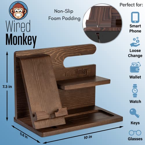 WiredMonkey Fathers Day Nightstand Organizer Wood - Durable Phone Docking Station with Non-Slip Base - Classy Solid Wood Gifts for Men - Hand Crafted Premium Bedside Table Organizer Men