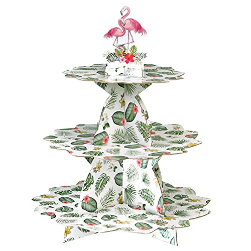 BORAMDO Flamingo Cardboard Cupcake Stand，3-Tier Tropical Leaves Pattern Dessert Tower，Hawaiian Luau Cake Holders for 24 Cupcakes, Kids Birthday Baby Shower Wedding Party Supplies (Hawaii Leaves)