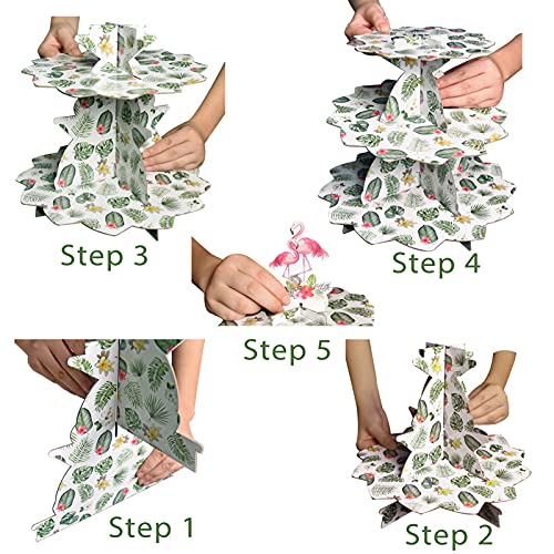 BORAMDO Flamingo Cardboard Cupcake Stand，3-Tier Tropical Leaves Pattern Dessert Tower，Hawaiian Luau Cake Holders for 24 Cupcakes, Kids Birthday Baby Shower Wedding Party Supplies (Hawaii Leaves)