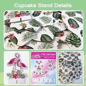 BORAMDO Flamingo Cardboard Cupcake Stand，3-Tier Tropical Leaves Pattern Dessert Tower，Hawaiian Luau Cake Holders for 24 Cupcakes, Kids Birthday Baby Shower Wedding Party Supplies (Hawaii Leaves)