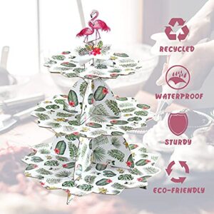 BORAMDO Flamingo Cardboard Cupcake Stand，3-Tier Tropical Leaves Pattern Dessert Tower，Hawaiian Luau Cake Holders for 24 Cupcakes, Kids Birthday Baby Shower Wedding Party Supplies (Hawaii Leaves)