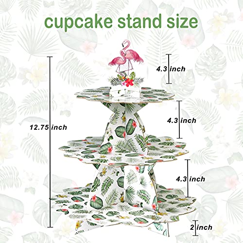 BORAMDO Flamingo Cardboard Cupcake Stand，3-Tier Tropical Leaves Pattern Dessert Tower，Hawaiian Luau Cake Holders for 24 Cupcakes, Kids Birthday Baby Shower Wedding Party Supplies (Hawaii Leaves)