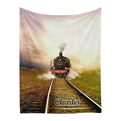 Train Sky Personalized Blankets Custom Super Soft Fleece Blanket with Name 50'' x 60'' Throws for Men Women Wedding Gifts