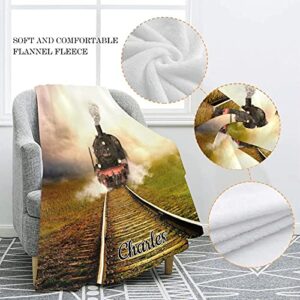 Train Sky Personalized Blankets Custom Super Soft Fleece Blanket with Name 50'' x 60'' Throws for Men Women Wedding Gifts