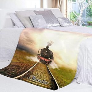 Train Sky Personalized Blankets Custom Super Soft Fleece Blanket with Name 50'' x 60'' Throws for Men Women Wedding Gifts