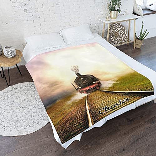 Train Sky Personalized Blankets Custom Super Soft Fleece Blanket with Name 50'' x 60'' Throws for Men Women Wedding Gifts