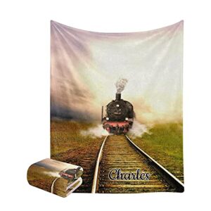 Train Sky Personalized Blankets Custom Super Soft Fleece Blanket with Name 50'' x 60'' Throws for Men Women Wedding Gifts