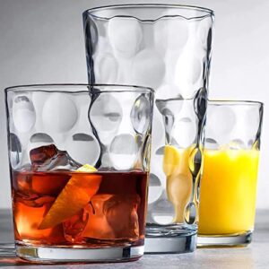 le'raze drinking glasses set of 18 clear glass cups - 6 highball glasses 17oz, 6 rocks glasses 13oz, 6 dof glasses 7oz, bubble design glassware set for water, juice, wine, cocktails, & beer glasses.