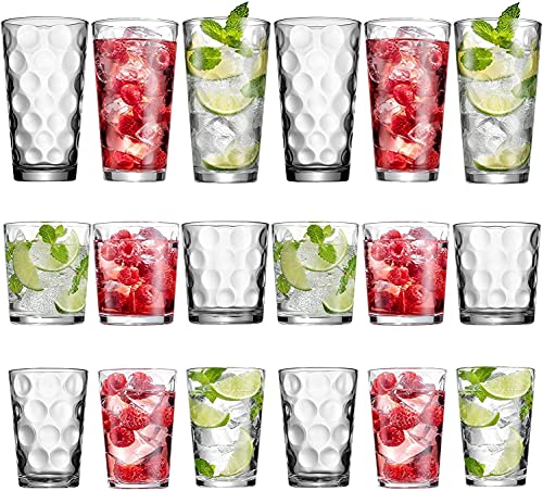 Le'raze Drinking Glasses Set of 18 Clear Glass Cups - 6 Highball Glasses 17oz, 6 Rocks Glasses 13oz, 6 DOF Glasses 7oz, Bubble Design Glassware Set for Water, Juice, Wine, Cocktails, & Beer Glasses.
