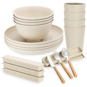 28pcs wheat straw dinnerware sets, plates and bowls sets for 4, large plates, bowls, cups for camping, picnic microwave safe