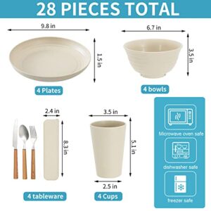 28pcs Wheat Straw Dinnerware Sets, Plates and Bowls Sets for 4, Large Plates, Bowls, Cups for Camping, Picnic Microwave Safe