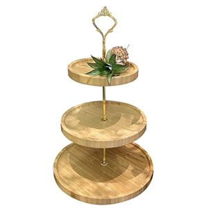 tiered tray ,bamboo farmhouse 3 tier serving stand, tiered tray decor with metal brackets kitchen, coffee table, cake and party round tray