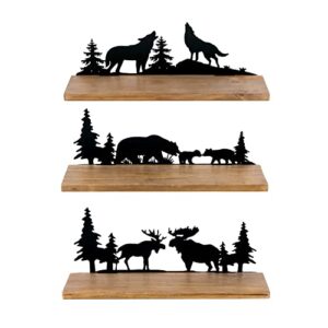 soffee design set of 3 forest wooden floating shelves for wall decoration, adorable metal bears & wolves & deer pine pattern black finish decor, wall mount hanging rectangle shelves for home, office