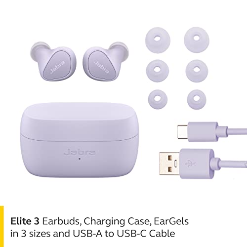 Jabra Elite 3 in Ear Wireless Bluetooth Earbuds – Noise Isolating True Wireless Buds with 4 Built-in Microphones for Clear Calls, Rich Bass, Customizable Sound, and Mono Mode - Lilac