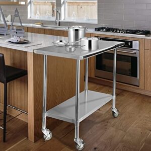 STABLEINK Stainless Steel Table with Caster Wheels 36 x 24 Inches, NSF Commercial Prep & Work Table with Adjustable Undershelf and Table Foot, for Commercial Kitchen, Restaurant, Hotel and Garage