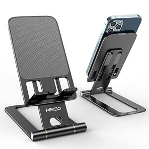 meiso cell phone stand, fully foldable phone holder for desk, desktop mobile phone cradle dock compatible with iphone, samsung galaxy, ipad mini, tablets up to 10” (black)