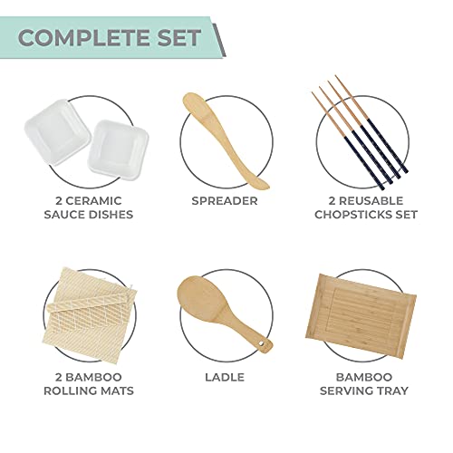 Noble Nest Sushi Making Kit for Beginners | Sushi Maker Kitchen Accessories Set Included Bamboo Sushi Rolling Mat, Chopsticks, Dipping Plates, Ladle, Serving Tray, Sushi Knife & Roller