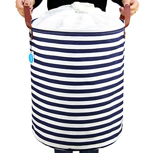 Casaphoria Drawstring Laundry Basket Freestanding with Lid,Lightweight Collapsible Waterproof Canvas Storage Bag with Handle for Livingroom Organizer,Dirty Clothes Hamper for Bedroom,48L Navy Stripe