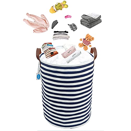 Casaphoria Drawstring Laundry Basket Freestanding with Lid,Lightweight Collapsible Waterproof Canvas Storage Bag with Handle for Livingroom Organizer,Dirty Clothes Hamper for Bedroom,48L Navy Stripe