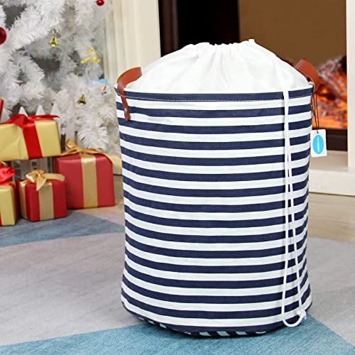 Casaphoria Drawstring Laundry Basket Freestanding with Lid,Lightweight Collapsible Waterproof Canvas Storage Bag with Handle for Livingroom Organizer,Dirty Clothes Hamper for Bedroom,48L Navy Stripe