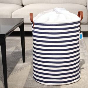 Casaphoria Drawstring Laundry Basket Freestanding with Lid,Lightweight Collapsible Waterproof Canvas Storage Bag with Handle for Livingroom Organizer,Dirty Clothes Hamper for Bedroom,48L Navy Stripe