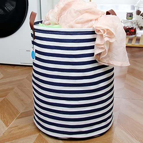 Casaphoria Drawstring Laundry Basket Freestanding with Lid,Lightweight Collapsible Waterproof Canvas Storage Bag with Handle for Livingroom Organizer,Dirty Clothes Hamper for Bedroom,48L Navy Stripe