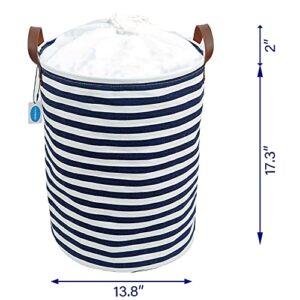 Casaphoria Drawstring Laundry Basket Freestanding with Lid,Lightweight Collapsible Waterproof Canvas Storage Bag with Handle for Livingroom Organizer,Dirty Clothes Hamper for Bedroom,48L Navy Stripe