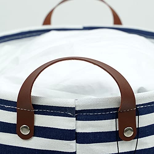 Casaphoria Drawstring Laundry Basket Freestanding with Lid,Lightweight Collapsible Waterproof Canvas Storage Bag with Handle for Livingroom Organizer,Dirty Clothes Hamper for Bedroom,48L Navy Stripe