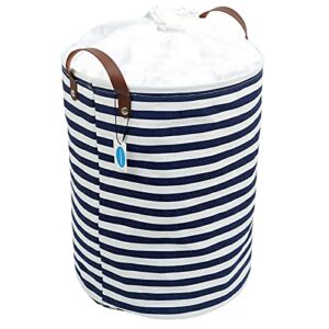 Casaphoria Drawstring Laundry Basket Freestanding with Lid,Lightweight Collapsible Waterproof Canvas Storage Bag with Handle for Livingroom Organizer,Dirty Clothes Hamper for Bedroom,48L Navy Stripe