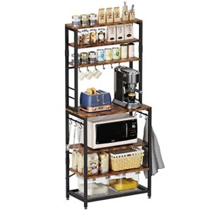 Amosic Industrial Kitchen Baker’s Rack, Multiuse 7-Tier Metal Kitchen Bakers Rack, 6 S-Hooks, Floor Standing Spice Rack Organizer Workstation, for Microwave, Spice Jars, Pots and Pans, Rustic Brown