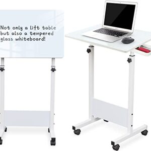 KOUPA Adjustable Height Standing Desk, Writable Tempered Glass Desktop with Eraser, 360° Flip, Wheels – Ideal for Small Spaces and Home Offices, 24 in, White(Adjustable Height: 32-47 in)