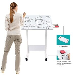 KOUPA Adjustable Height Standing Desk, Writable Tempered Glass Desktop with Eraser, 360° Flip, Wheels – Ideal for Small Spaces and Home Offices, 24 in, White(Adjustable Height: 32-47 in)