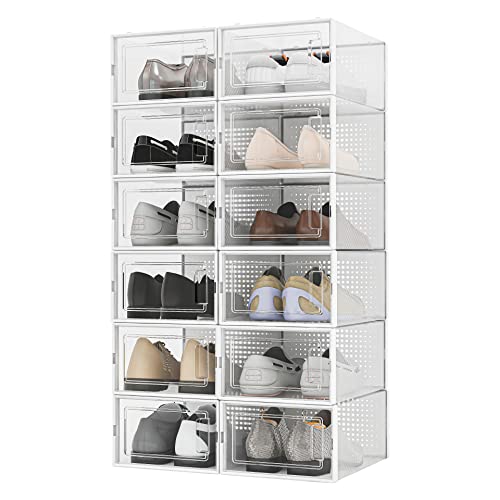 AOTENG STAR Drop Front Shoe Boxes Clear 12 Pack Shoes Storage Containers Organizer Stackable,Plastic Shoe Storage Box Sneaker Cases for Closets Entryway Bedroom Garage,Fits Men's US Size 5.0-10