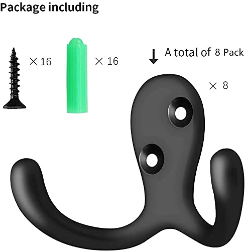 Suprwolf 8 Pack Heavy Duty Double Prong Coat Hooks Wall Mounted with 16 Screws Retro Double Robe Hooks Utility Hooks for Coat, Scarf, Bag, Towel, Key, Cap, Cup, Hat (Black)