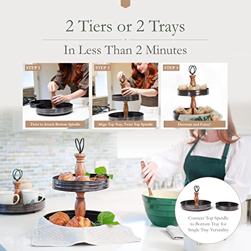 BlackRidge Home 2 Tier Tray Stand - Acacia Wood and Black Metal Two Tiered Tray Decor, Serving Tray, Farmhouse Tiered Tray for Kitchen Coffee Bar Decor, Rustic Two Tiered Galvanized Trays for Cupcake