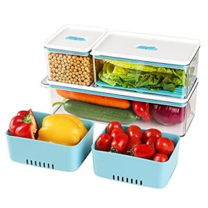 produce saver, beeptrum stackable food storage containers with vented lid and removable drain tray, durable fresh keeper storage bin for produce, fruits, and vegetables, bpa-free, set of 3, blue