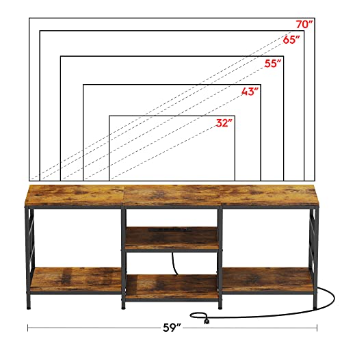 Amosic TV Stand Media Entertainment Center with Power Outlet, TV Stand for TV up to 70 Inch, TV Table, Entertainment Center, 3-Tier TV Console, for Living Room, Entertainment Room, Rustic Brown