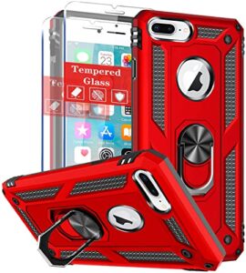 sunremex compatible for iphone 8 plus case, iphone 7 plus case, iphone 6/6s plus case with tempered glass screen protector [2pack] 5.5"，kickstand [military grade] 16ft drop tested protective. (red)