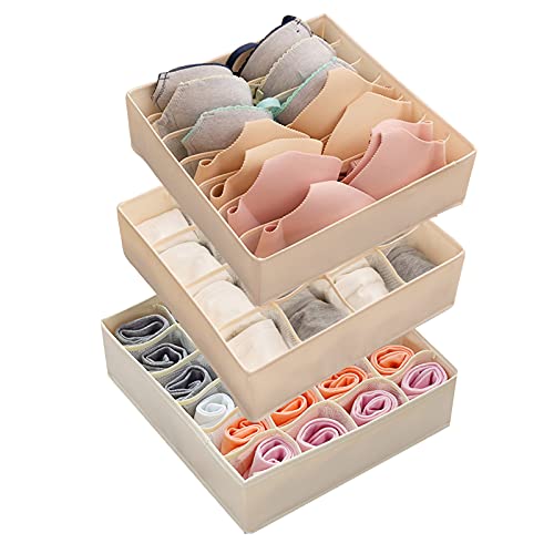 STYLIFING Bra Socks Underwear Organizer 3 Pack, Foldable Closet Organizer Drawer Soft Fabric Dresser Drawer Divider Bins for Bra Underwear Socks Ties Lingerie (Beige)