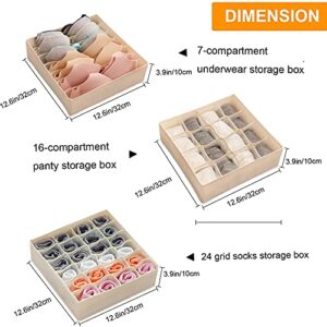 STYLIFING Bra Socks Underwear Organizer 3 Pack, Foldable Closet Organizer Drawer Soft Fabric Dresser Drawer Divider Bins for Bra Underwear Socks Ties Lingerie (Beige)